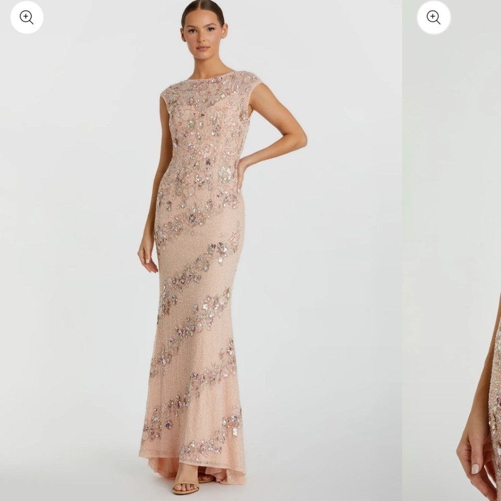 Mac Duggal 5500 Nude Silver Pink Bateau Neck Cap Sleeve Column Gown Size 8